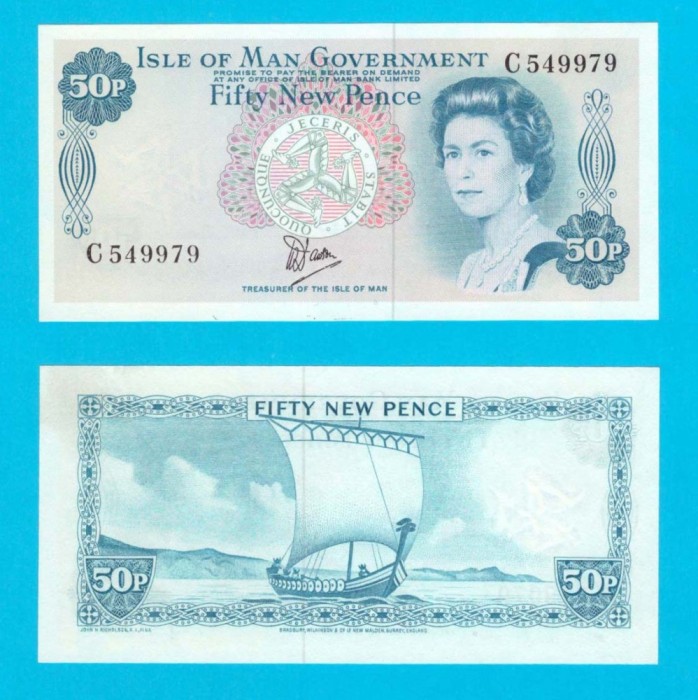 Insula Man (p#33) 50 New Pence 1979 aUNC+ &#039;Corabie Vikingă&#039; serie: C549979