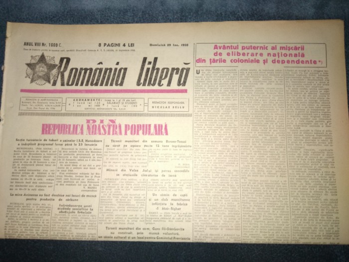 ZIARUL ROMANIA LIBERA 29 IANUARIE 1950