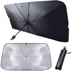 Parasolar Auto pliabil, in Forma de Umbrela, 125 x 65 cm, pentru Masina, marca Tudis, Protectie UV, Negru-Argintiu