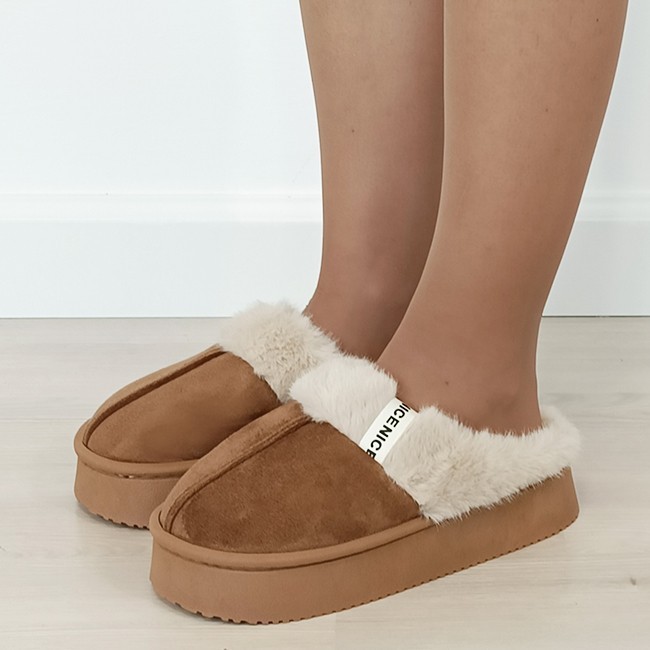 Papuci de casa dama imblaniti Camel 9719 112