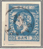 ROMANIA 1871 LP 31 b REGELE CAROL I BARBA 10 B ALBASTRU T 7 STAMPILAT GALATI