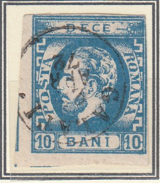 ROMANIA 1871 LP 31 b REGELE CAROL I BARBA 10 BANI ALBASTRU T 7 STAMPILAT GALATI