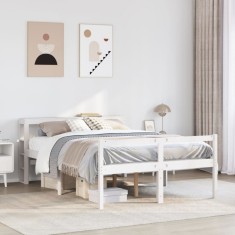 vidaXL Cadru de pat senior cu tăblie, alb, 135x190 cm, lemn masiv pin 3305856