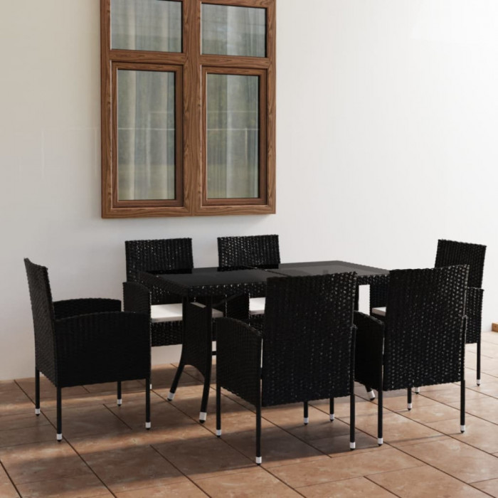 Set mobilier de gradina, 7 piese, negru, poliratan