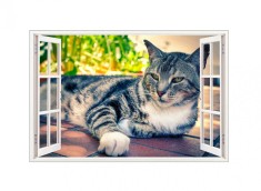 Sticker decorativ, Fereastra 3D, Pisica, 85 cm, 504STK