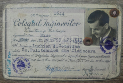 Carnet membru Colegiul Inginerilor, sectia mine si metalurgie/ 1947 foto