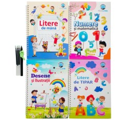 Set 4 Caiete Magice Kidscare in limba romana pentru caligrafie &ndash; Litere de Mana, Litere de Tipar, Cifre si Desen, 26x18.5 cm for Your BabyKids