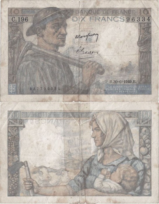 1949 (30 VI), 10 francs (P-99f.5) - Franța