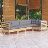 Cumpara ieftin Set mobilier grădină cu perne gri, 5 piese, lemn masiv de pin