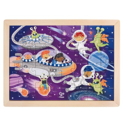 Puzzle din lemn 2 in 1 - Prietenii din Spatiu (50 piese), cu fata dubla si activitate colorare foto