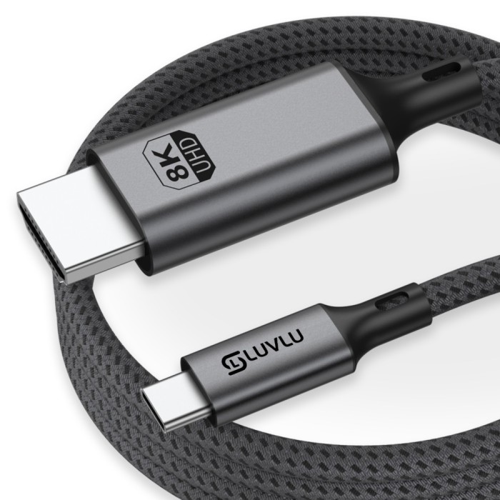 Cablu USB C la HDMI LUVLU&reg;, UHD 8K@60Hz, 4K@240Hz, HDR, 3D, HDCP, viteza 48Gbps, dublu impletit, compatibil thunderbolt 4 cu iPhone 16 Pro Max, MacBoo