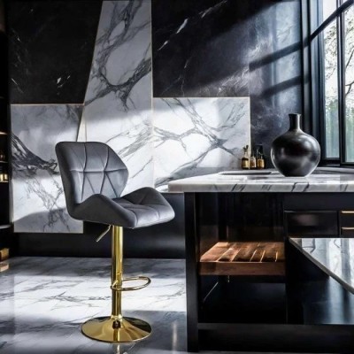 Scaun de bar ABS148, catifea, suport picioare, metal cromat auriu, inaltime reglabila, 100 kg foto