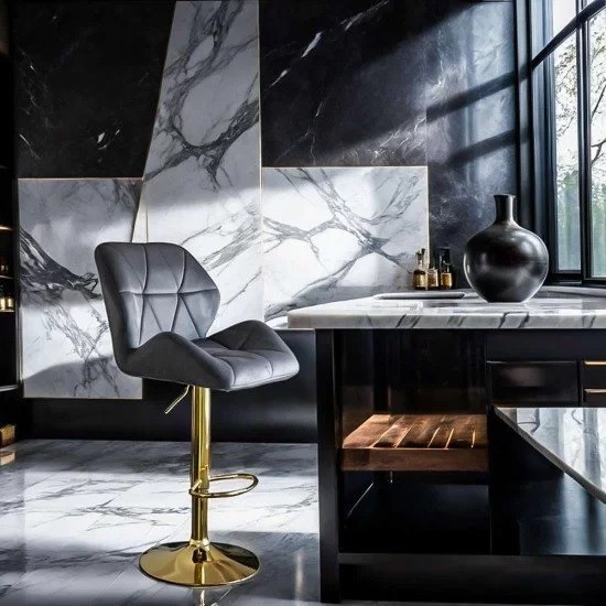 Scaun de bar ABS148, catifea, suport picioare, metal cromat auriu, inaltime reglabila, 100 kg