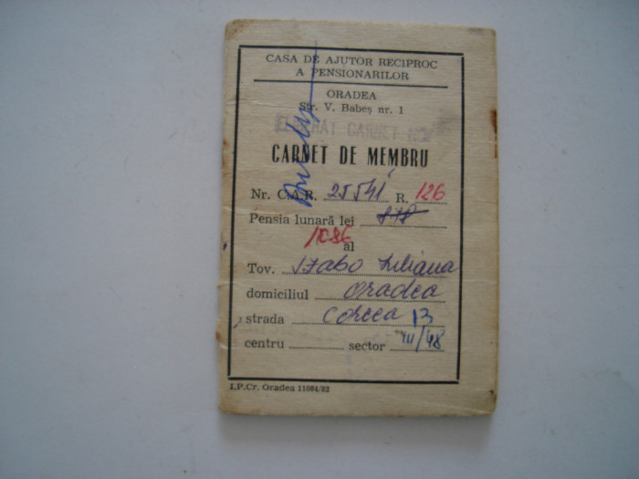 Carnet de membru Casa de ajutor reciproc a pensionarilor, 1986