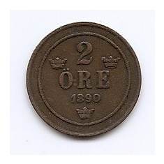 Suedia 2 Ore 1890 - Oscar II (litere mari) Bronz, 21 mm KM-746