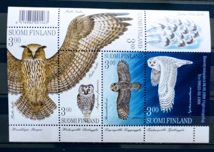 Finlanda 1998 bufnite, păsări de pradă ,fauna , bloc neștampilata