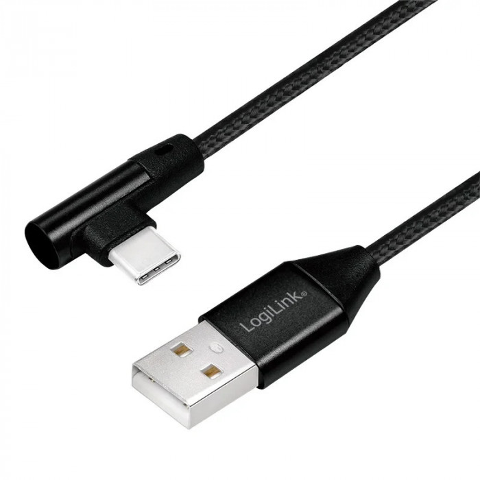 CABLU alimentare si date LOGILINK pt. smartphone USB 2.0 (T) la USB 2.0 Type-C (T) la 90 grade 0.3m premium cablu cu impletire din bumbac negru &amp;quot;