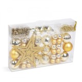 Set 66 Decoratiuni pentru Bradul de Craciun cu Globuri, Stea, Ghirlanda si Margele, Culoare Auriu, Familly Christmas