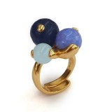 Inel Trilogy Argint 925 placat aur, agat albastru si jad albastru celest, reglabil, Made in Italy, cutie cadou