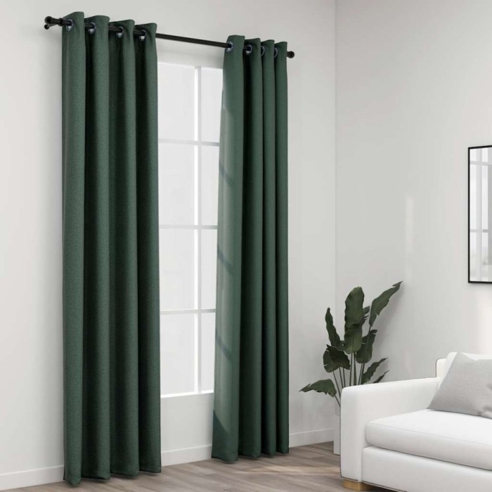 Perdele opace aspect p&acirc;nză cu ocheți 2 buc verde 140x225 cm