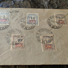 Plic filatelic circulat serie MVIR, sept. 1918, Bucuresti,Taxa de plata,5 valori