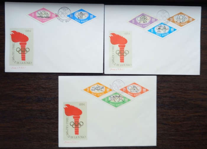 3 FDC ROMANIA - JOCURILE OLIMPICE DE LA TOKIO 1964 - SERIE COMPLETA, LP 589