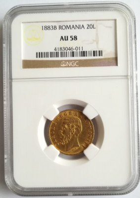 Moneda AUR 20 lei 1883, Carol I, certificata de NGC cu gradul AU58 foto