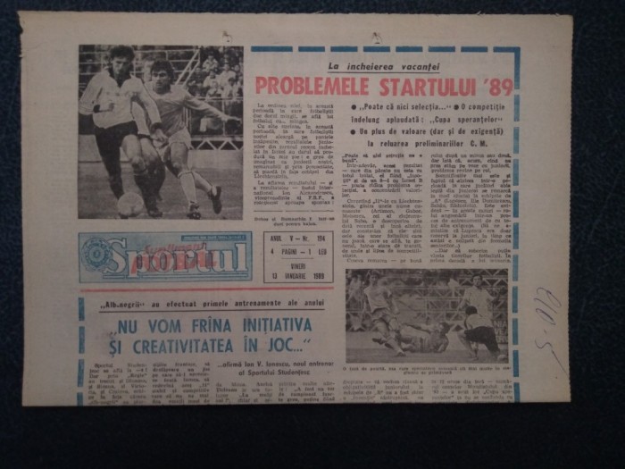 ZIARUL SPORTUL SUPLIMENT FOTBAL 13 IANUARIE 1989