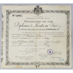 DIPLOMA DE LICENTA IN DREPT , UNIVERSITATEA DIN IASI , ELIBERATA LA 27 MAI , 1940, CONTINE SEMNATURA LUI A.C. CUZA *