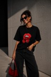 Tricou dama negru din bumbac cu imprimeu artistic rosu