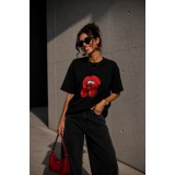 Tricou dama negru din bumbac cu imprimeu artistic rosu