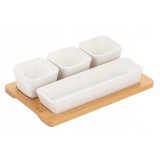 Set boluri pentru servire, din portelan, cu suport din bambus, 4 piese, alb, Florina
