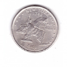 Moneda SUA 25 centi/quarter dollar 2001 P, New York 1788, stare buna, curata