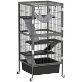 PawHut Cușcă pentru Animale Mici cu 4 Niveluri, Rampe, Hamac și Roți, Gri | Aosom Romania