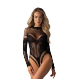 Lenjerie sexy teddy OBSESSIVE, cu spatele gol, din plasă delicată, model geometric, crotchless, culoare negru, mărime S/M/L (model B135)
