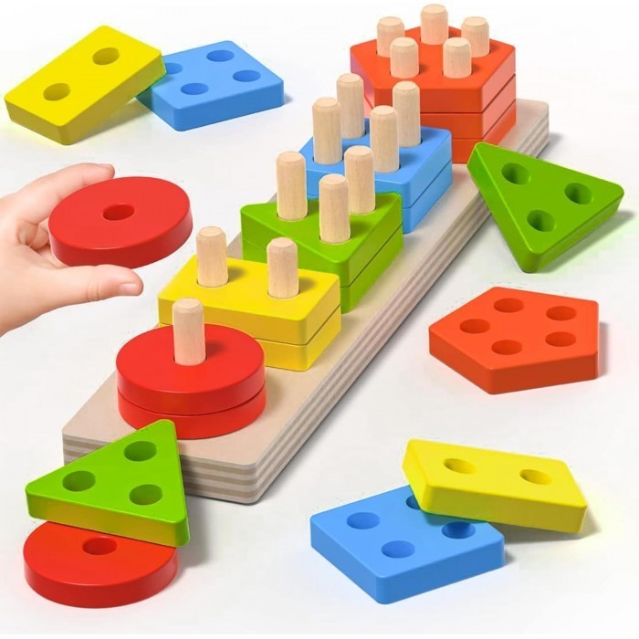 Jucarie Educativa Flippy, Tip Montessori, din Lemn, Forme Geometrice, 20 Piese, 6x26 cm