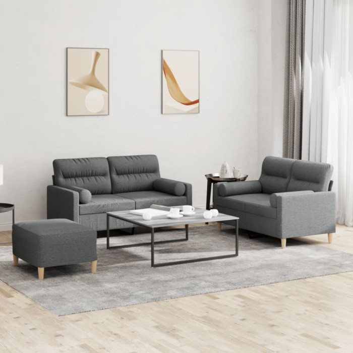 vidaXL Set de canapele cu perne, 3 piese, gri &icirc;nchis, textil 3201593