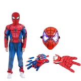Set costum Spiderman KidMania&reg; cu muschi, masca cu lumini si doua manusi lansator pentru copii 3-5 ani 90-110 cm