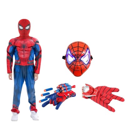 Set costum Spiderman KidMania&amp;reg; cu muschi, masca cu lumini si doua manusi lansator pentru copii 7-9 ani 120-130 cm foto