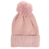 Caciula tricotata cu captuseala fleece si pompon, Roz, pentru femei, CMCLASS