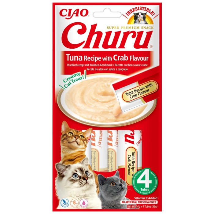Churu, Recompense Cremoase pentru Pisici, Reteta Ton cu Aroma de Crab, 4x14g