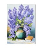 Tablou vaza cu liliac si carte pictat manual, 70x50cm ulei pe panza, Constantin Feraru