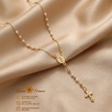 Colier Rosaria Perla tip rozariu cu medalion religios E i perle albe, placat cu aur 18K, 50 + 7 cm , Brazilia