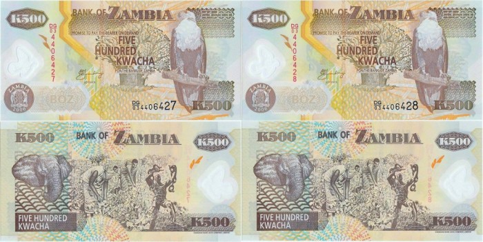 2 x 2006 , 500 kwacha ( P-43e ) - Zambia - stare UNC