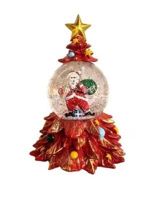 Glob de Craciun tip bradut, decorativ, muzical, efect ninsoare sclipici, cu stea in varf, rosu