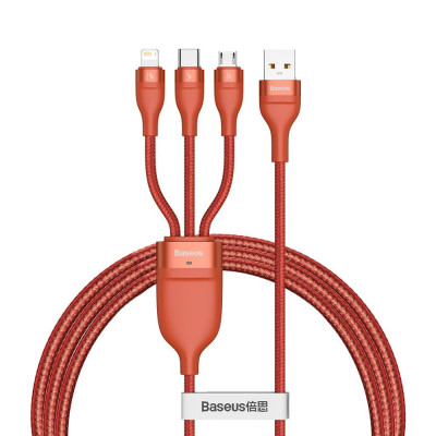 Cablu de Date USB la Lightning, Micro-USB, Type-C 66W, 1.2m - Baseus Flash Series (CA1T3-07) - Orange foto