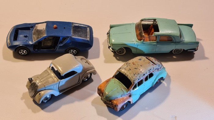 Lot 4 machete vechi colectie Les Miniatures de NOREV: Simca 5 1936, Renault 4CV, Renault Alpine A310, Peugeot 404, Franta , sc 1:43, plastic