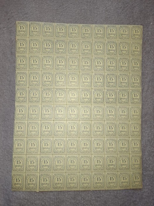 *Romania, LP IV.8c/1911, Taxa de plata, tipar mic, h. verzuie, f. PR, coala, MNH