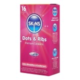Prezervative SKINS Dots &amp; Ribs Premium Condoms, texturate pentru stimulare intensă, din latex, 16 bucăți