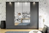 Dressing Venera 2 Gri 255cm, Oglinzi, LED, Usi Glisante, PAL 16mm, 7 Compartimente, 3 Sertare, Dormitor